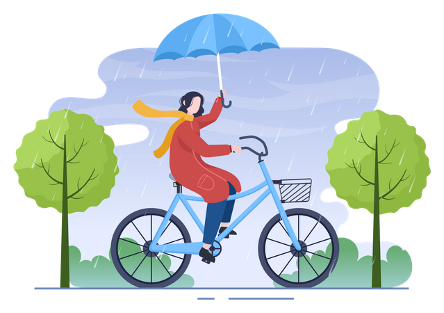 Girl cycling while holding umbrella Illustration