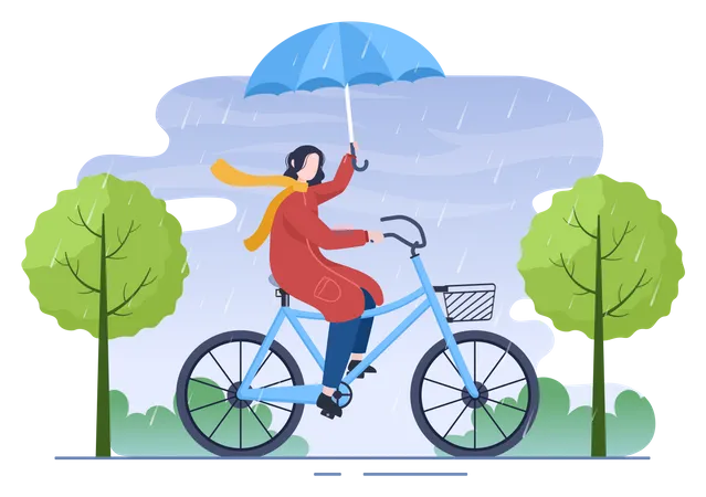 Girl cycling while holding umbrella  Illustration