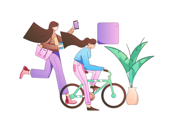 Girl cycling while woman running for transport  Illustration