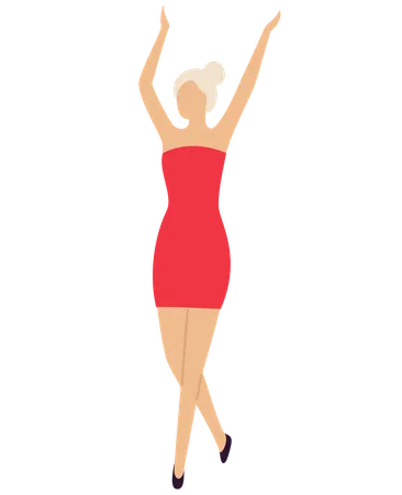 Sexy Girl Dancer On Dance Floor In Mini Red Dress Isolated Cartoon Character Vector Blond Lady With Hands Up Entertain At Disco Club Woman On Party Illustration