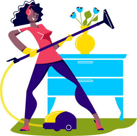 Girl dancing while cleaning room with vacuum cleaner Illustration