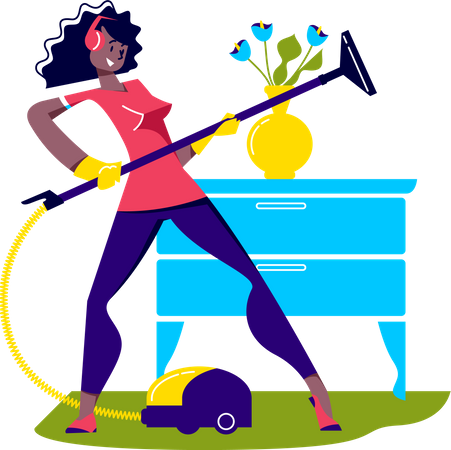 Girl dancing while cleaning room with vacuum cleaner  Illustration