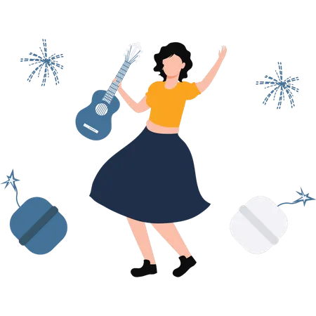 The Girl Is Dancing While Playing Guitar Illustration