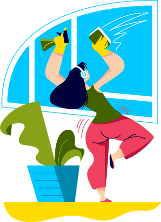 Girl dancing while washing windows  Illustration