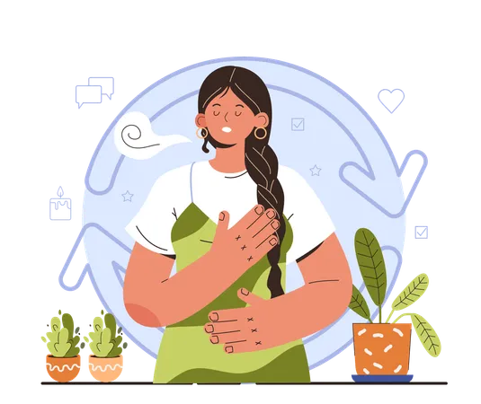 How To Manage Stress Instruction Concept Character Dealing With Anxiety With Breath Control Psychological Support Emotional Help Negative World News Pressure Flat Vector Illustration イラスト
