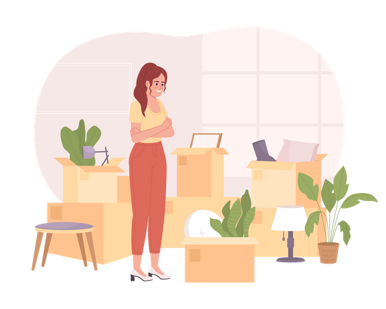 Girl decluttering boxes before moving Illustration