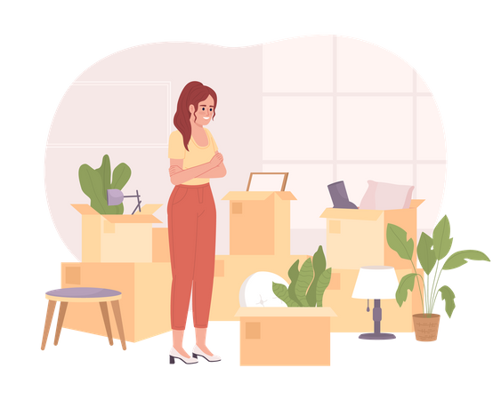 Girl decluttering boxes before moving  Illustration