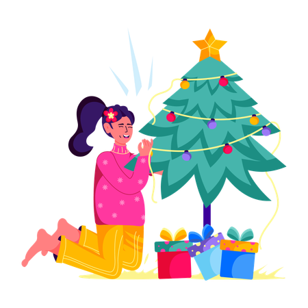 Girl Decorate Christmas Tree  Illustration