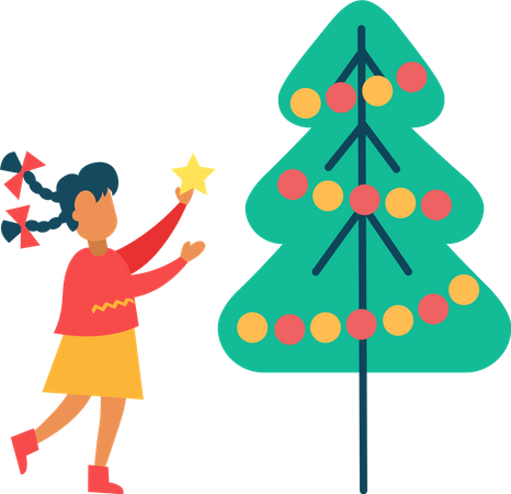 Girl Decorates New Year Tree Putting Star on Top  Illustration