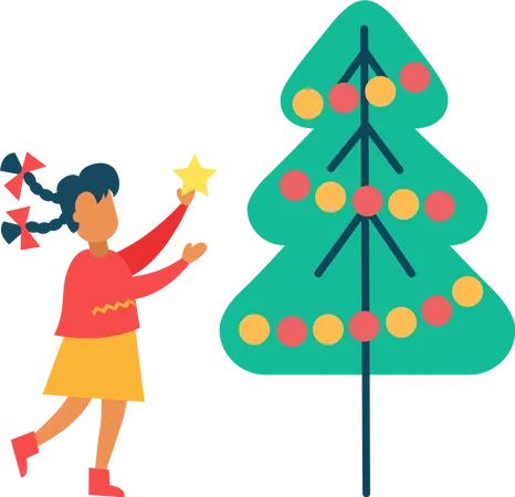 Girl Decorates New Year Tree Putting Star on Top  Illustration