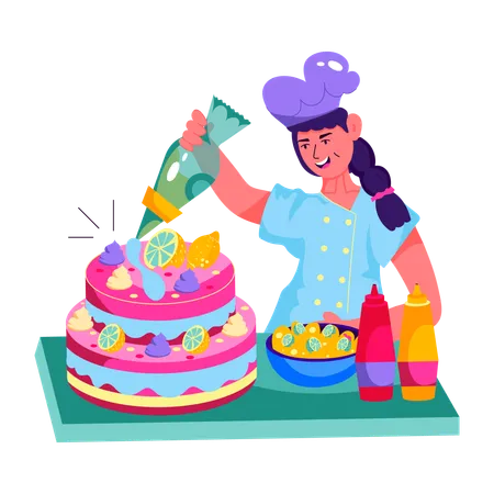 Girl decorating cake  Illustration