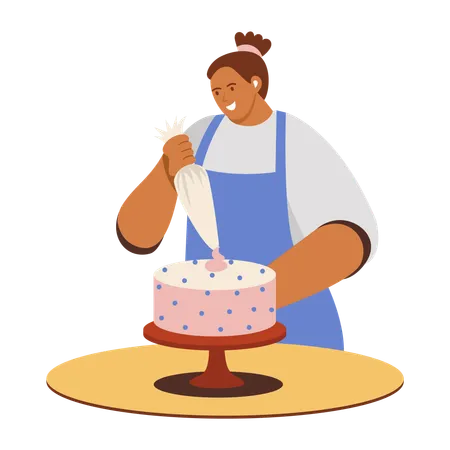 Girl decorating cake with icing cream  Illustration