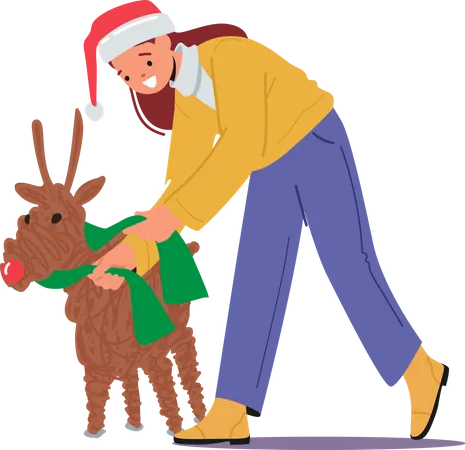 Girl decorating christmas reindeer Illustration