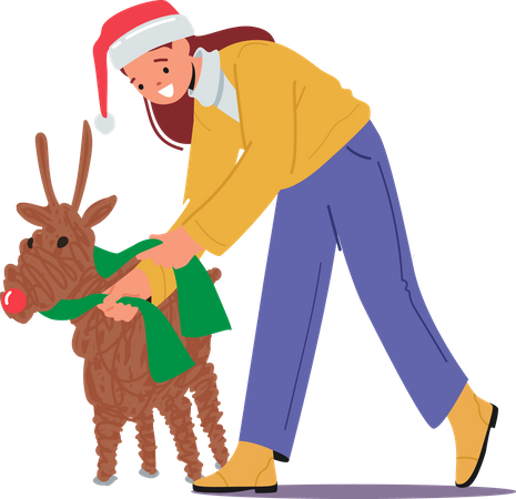 Girl decorating christmas reindeer  Illustration