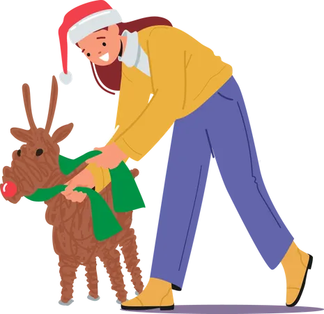 Girl decorating christmas reindeer  Illustration