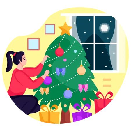 Girl decorating Christmas Tree  Illustration