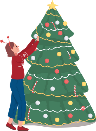 Girl decorating Christmas tree Illustration