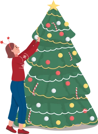 Girl Decorating Christmas Tree Semi Flat Color Vector Character Posing Figure Full Body Person On White Winter Season Isolated Modern Cartoon Style Illustration For Graphic Design And Animation Illustration