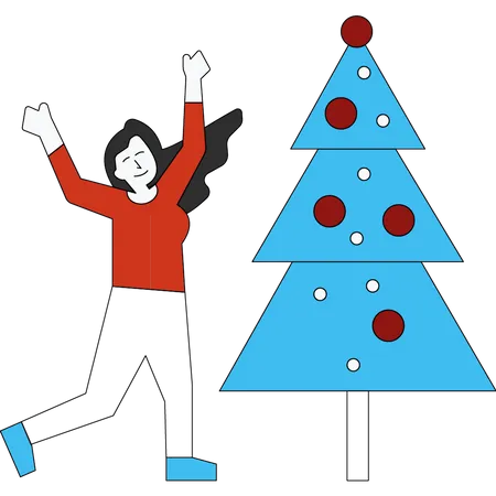 The Girl Is Standing With Christmas Tree Illustration