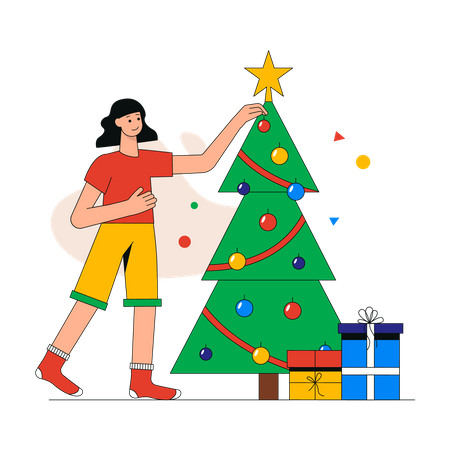 Girl decorating christmas tree Illustration