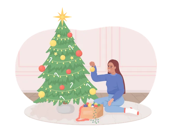 Decorating Christmas Tree 2 D Vector Isolated Illustration Happy Flat Character On Cartoon Background Holiday Preparation Colourful Editable Scene For Mobile Website Presentation Illustration