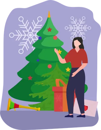 Girl decorating christmas tree Illustration