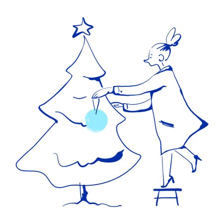 Girl decorating christmas tree  Illustration