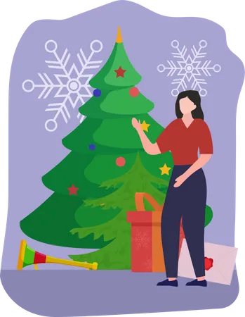 Girl decorating christmas tree  Illustration