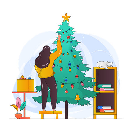 Girl Decorating Christmas Tree  Illustration