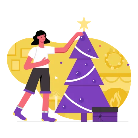 Girl decorating christmas tree  Illustration