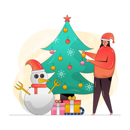 Girl decorating Christmas tree  Illustration