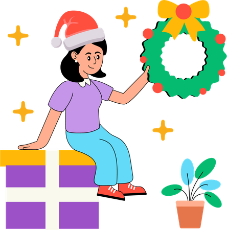 Girl decorating Christmas Wreath  Illustration