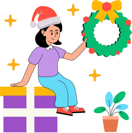 Girl decorating Christmas Wreath  Illustration