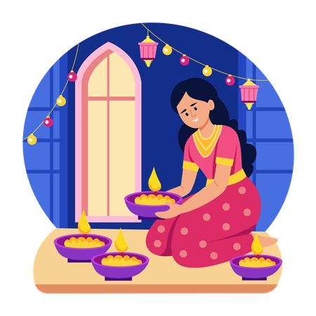 Girl decorating diwali lamp  Illustration
