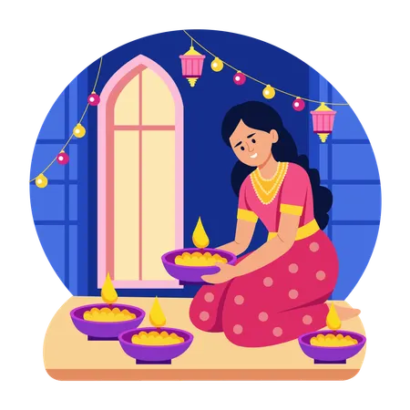 Girl decorating diwali lamp  Illustration