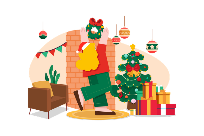 Girl Decorating House For Christmas  Illustration