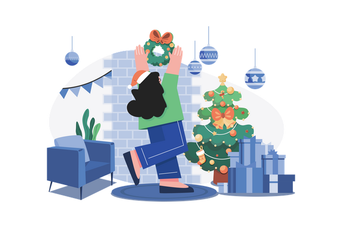 Girl Decorating House For Christmas  Illustration