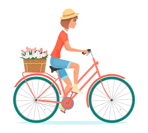 Girl delivering flowers by bicycle  Illustration