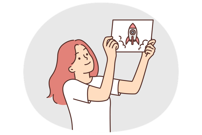 Girl demonstrates drawing of rocket taking off and dreams of becoming woman astronaut  Illustration