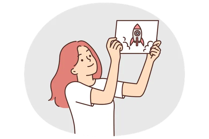 Girl demonstrates drawing of rocket taking off and dreams of becoming woman astronaut  Illustration