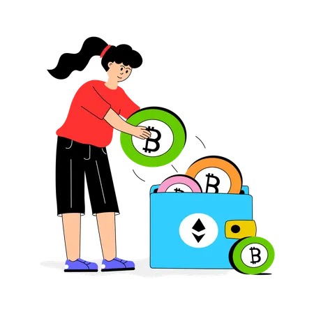 Girl deposit Bitcoin in Crypto wallet  Illustration