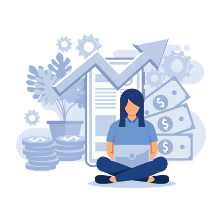 Girl designer freelancer develops business application  Illustration