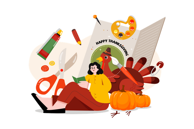 Girl Designing Thanksgiving Card  Illustration