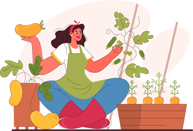 Girl developing kitchen garden  Illustration