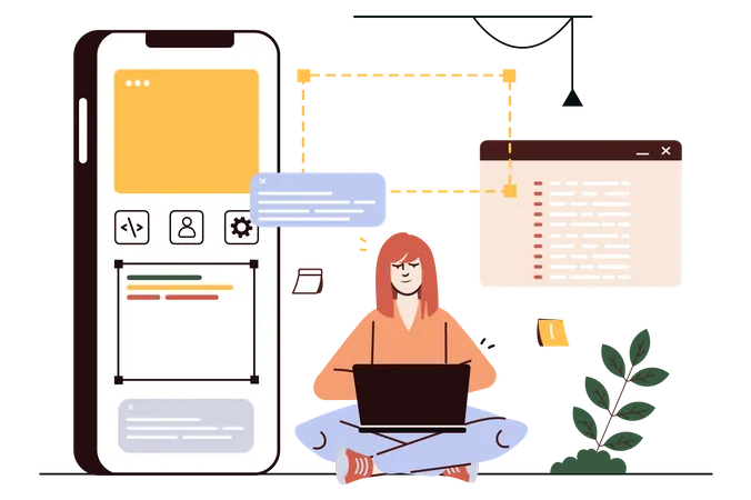 App Development Concept With People Scene In Flat Cartoon Style Girl Works On Laptop To Create A New Convenient Mobile Application Vector Illustration Illustration