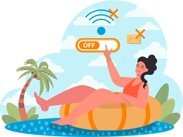 Girl disconnects all her internet connection on vacation  Illustration