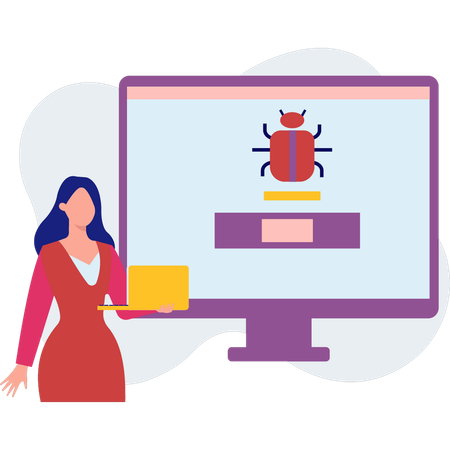 Girl displaying virus bug on monitor  Illustration