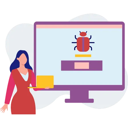 Girl displaying virus bug on monitor  Illustration