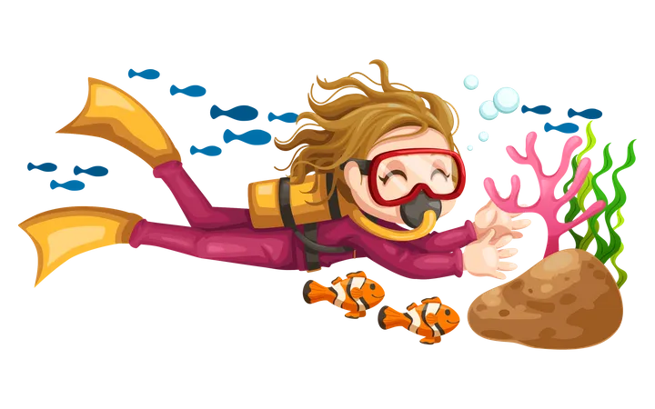 Girl diving underwater and enjoying coral  Illustration