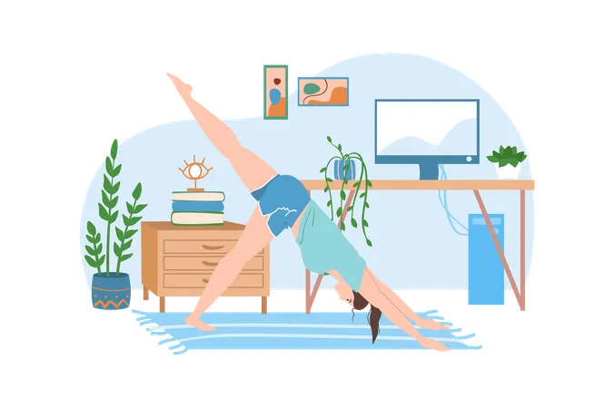 Workplace Blue Concept With People Scene In The Flat Cartoon Design Girl Do Physical Exercises To Rest From Work Tasks Vector Illustration Illustration